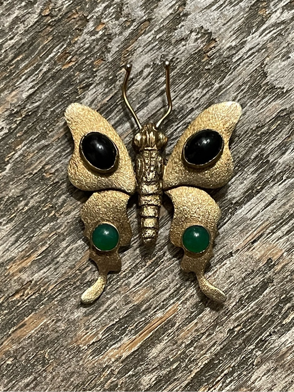 Textured Gold Vermeil? Butterfly Brooch with Black & Green Stone Cabochons